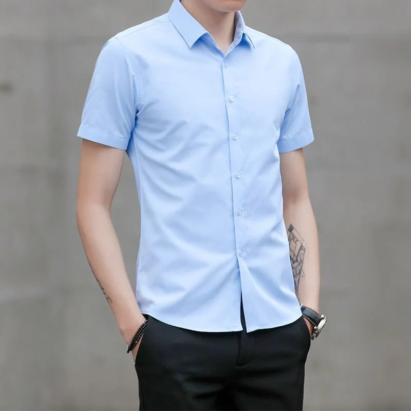 Short Sleeve Slim Fit Men's Shirt Fashionable Youth Summer No Ironing Required Pure Color Polyester Cotton Blend Daily Wear