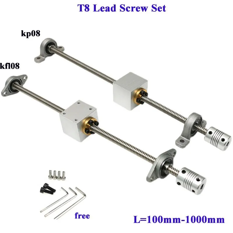 T8 Lead Screw Set Horizontal/Vertical Screw Rod Kit Pitch 2mm Lead 8mm Length 100mm-1000mm 3D Printer CNC Accessories