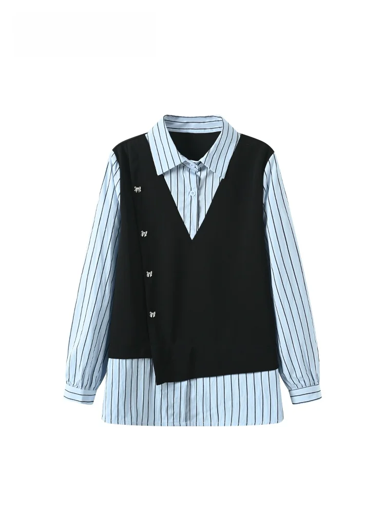 

Женская блузка больших размеров с длинным рукавом, новинка ранней весны, корейский стиль, имитация двухслойности, стройнящий эффект, из полиэстера.