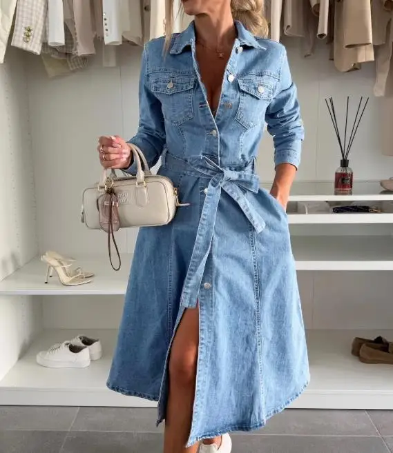 Women's Long Sleeved Denim Shirt Dress Washed Jacket Casual Autumn Winter Outerwear Fashion 2025 New