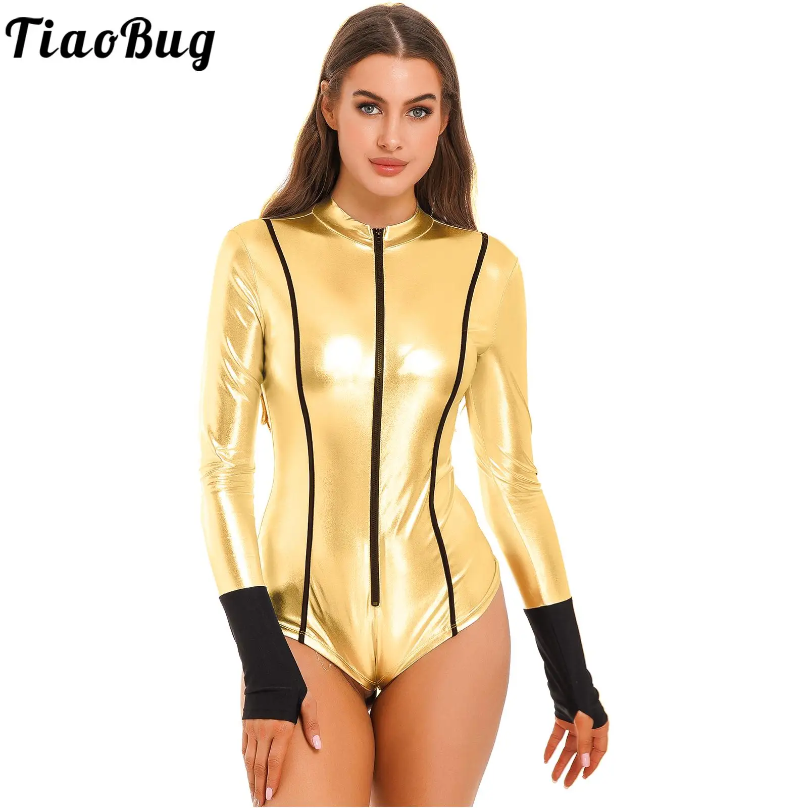 

Womens Clubwear Metallic Shiny Bodysuit Zipper Stand Collar Catsuit Color Block Long Sleeve Leotard Halloween Cosplay Costume