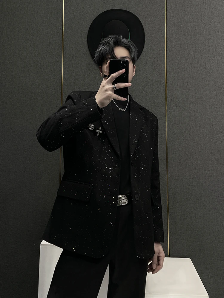 

iny Gold Emed Men's Suit Jaet Versatile Korean Sle Casual Long Sve Spring Autumn Loose Fit Westeran Design