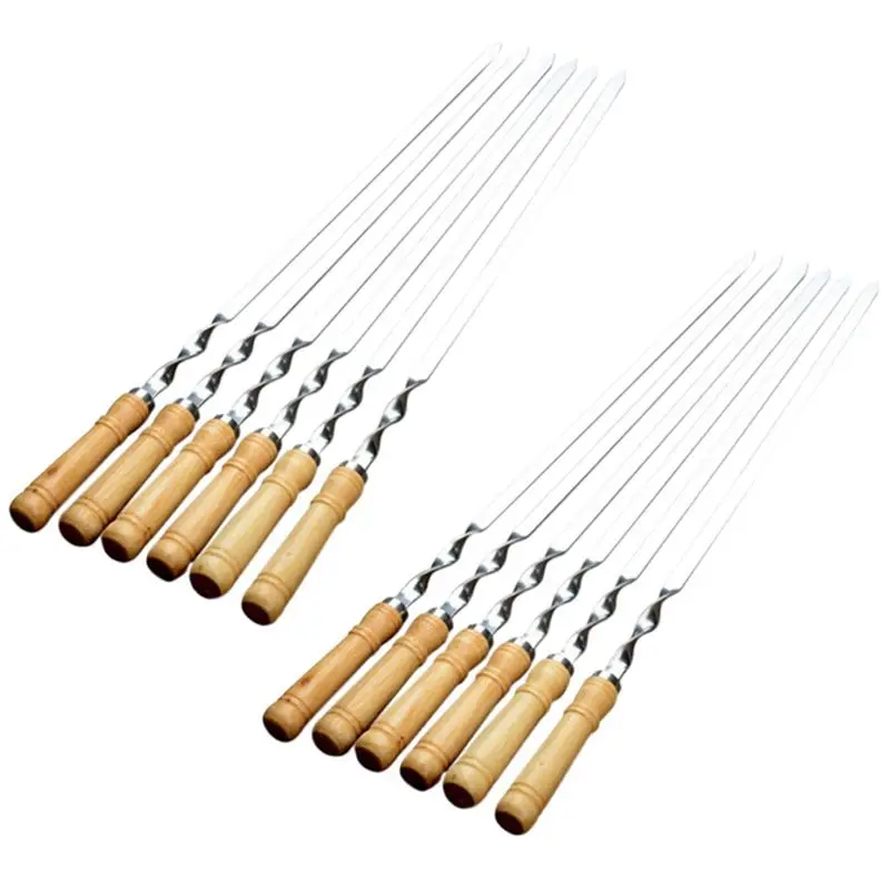 AT19-12Pcs 55Cm BBQ Skewers Long Handle Shish Kebab Barbecue Grill Stick Wood BBQ Fork Stainless Steel Outdoors Grill Needle