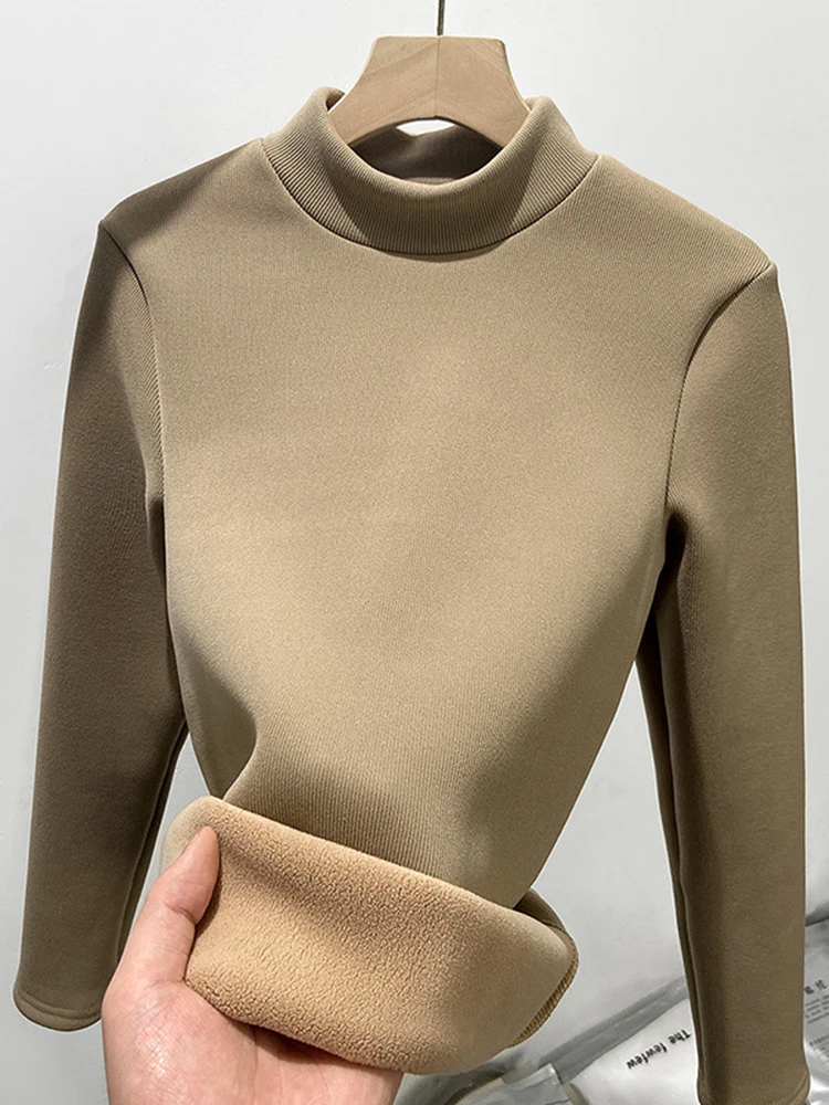 Thicken Half Turtleneck Tops Women Winter Plush Velvet Lined Warm T Shirt Long Sleeve Bottom Blusas Korean Slim Fleece Camisetas