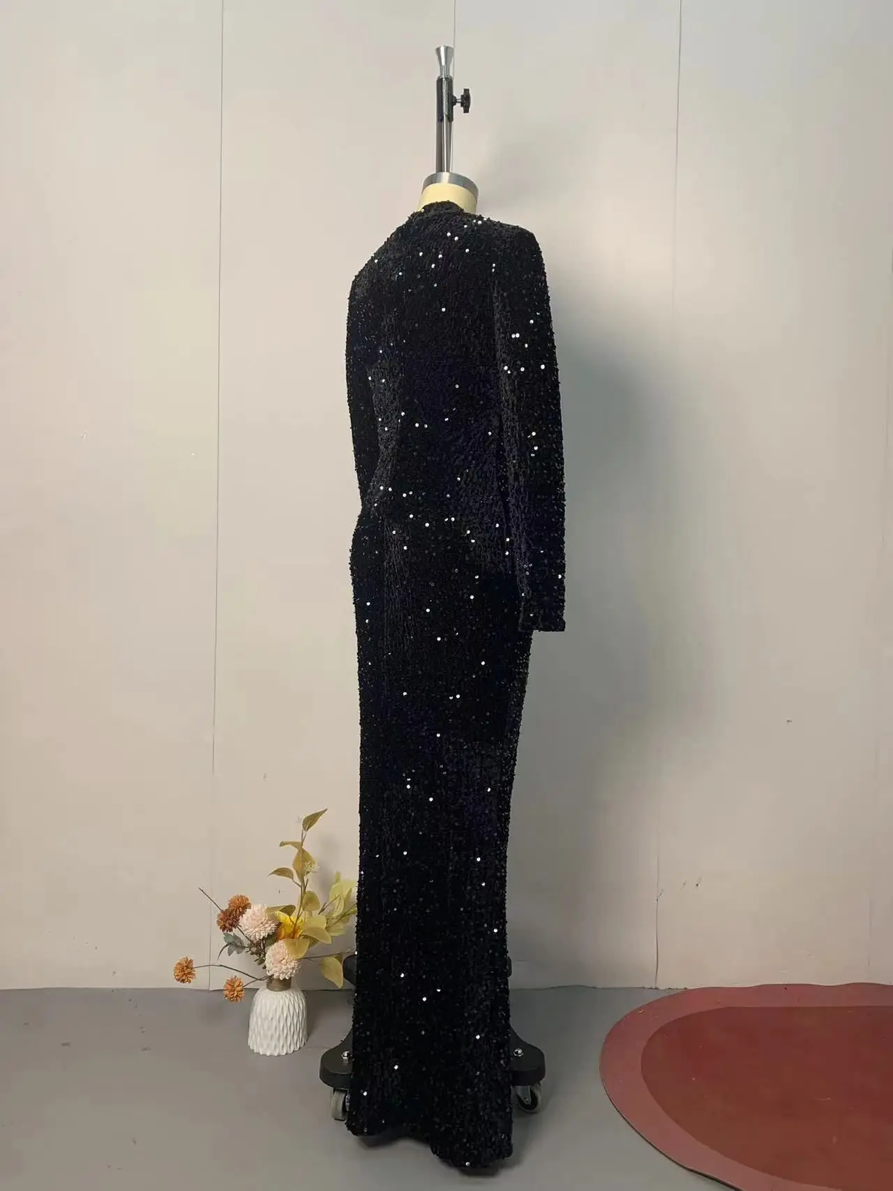 2025 nova moda americana europeia feminina preto cor sólida manga longa gola alta lantejoulas tornozelo comprimento vestidos elegantes femininos