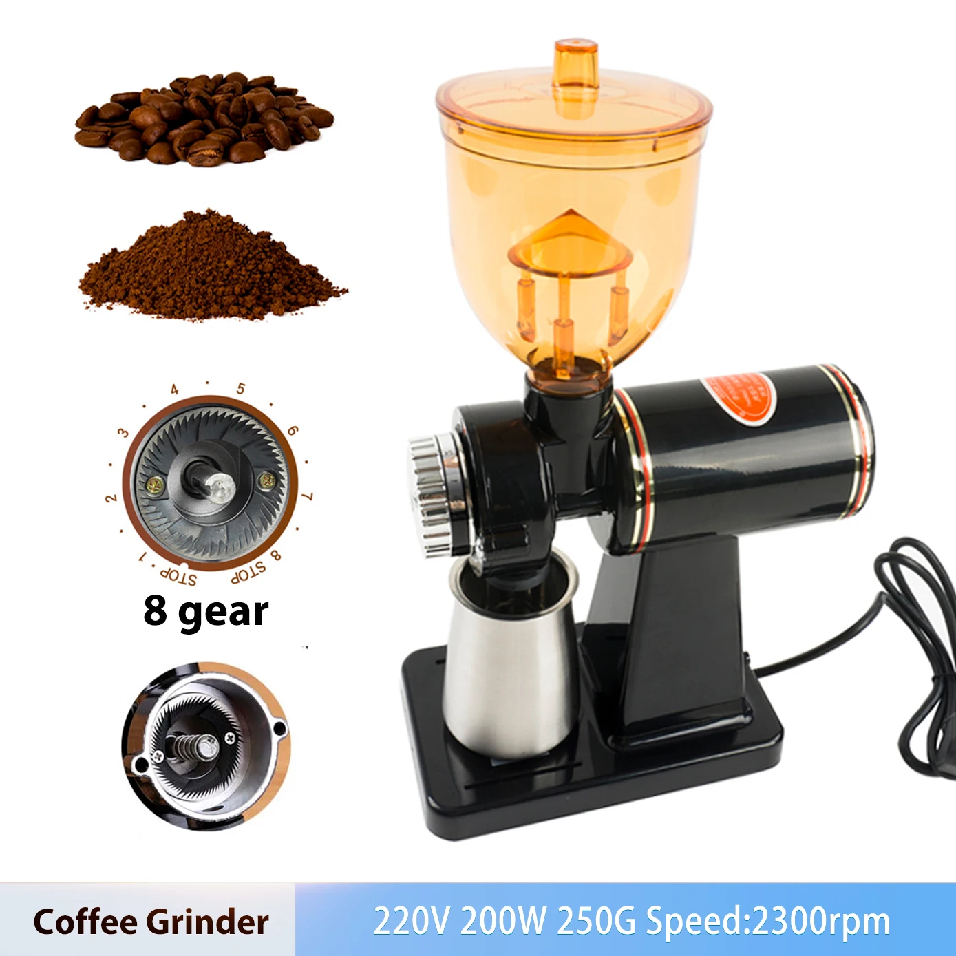 220V 250g Coffee Bean Grinder Flat Burrs Grains Spices Hebals Cereals Coffee Dry Food Grinder Medicine Mill Grinding Machine