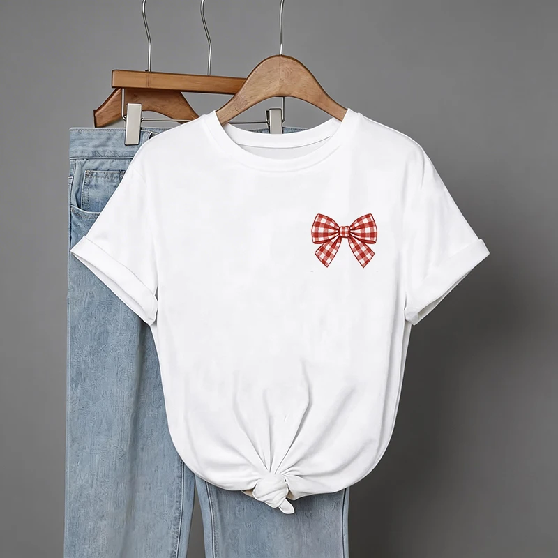 Y2k Taschen-Schmetterling-Schleifen-Print T-Shirts für Damen Lässiger Rundhals Kurzarm T-Shirt Koreanischer Stil Damen T-Shirt Kleidung