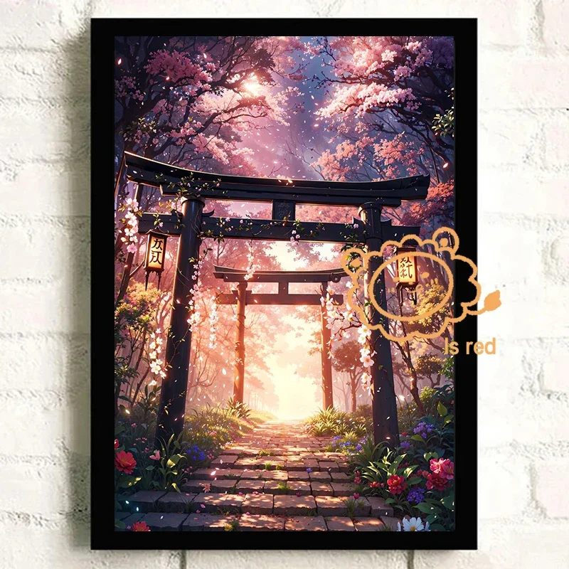 Japanese And Asian Poster Starry Night Glowing Shrine Torii Gate Canvas printing wall decoration frameless painting Home Room