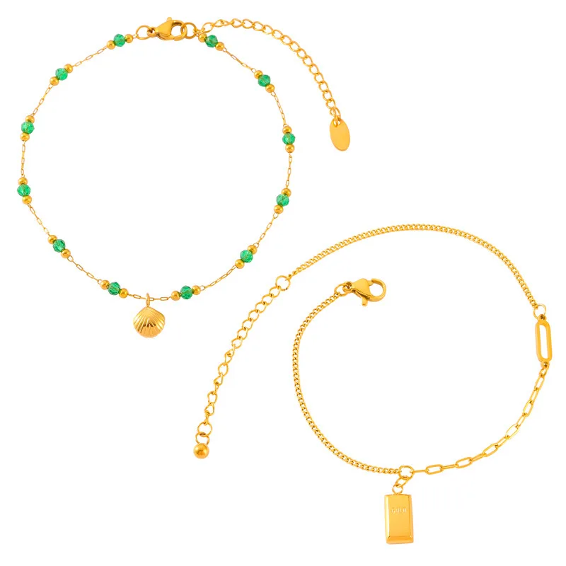 2 Pcs Gold Plated Summer Green Crystal with Shell Pendant Anklet Stainless Steel Beaded Waterproof Jewelry Wholesale