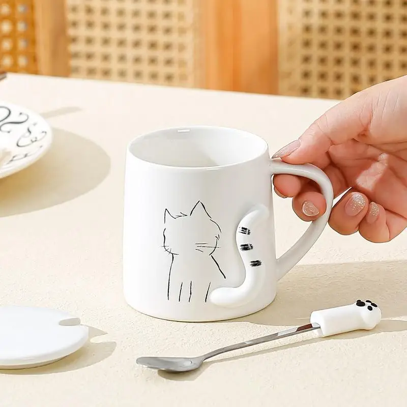 Unique Cat Coffee Mug with Lid and Spoon Cat Tail Ceramic Tea cup and Coffee Mug, cute Birthday Christmas stuff for Cat Lovers