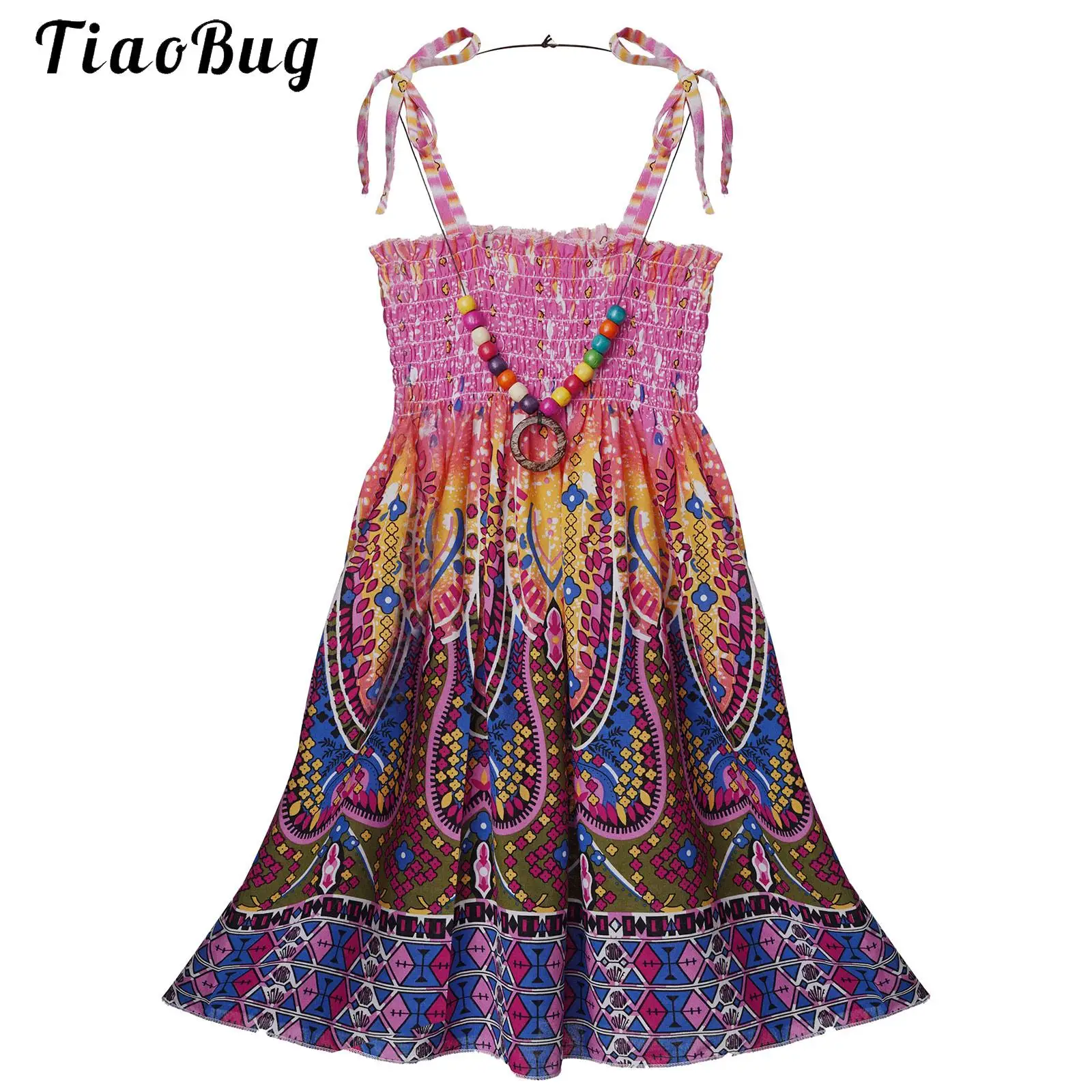 

Boho Summer Dresses with Necklace Set for Kids Girls Sleeveless Printed Clothes Holidays Dresses Ice Cool Princess Beach Wear