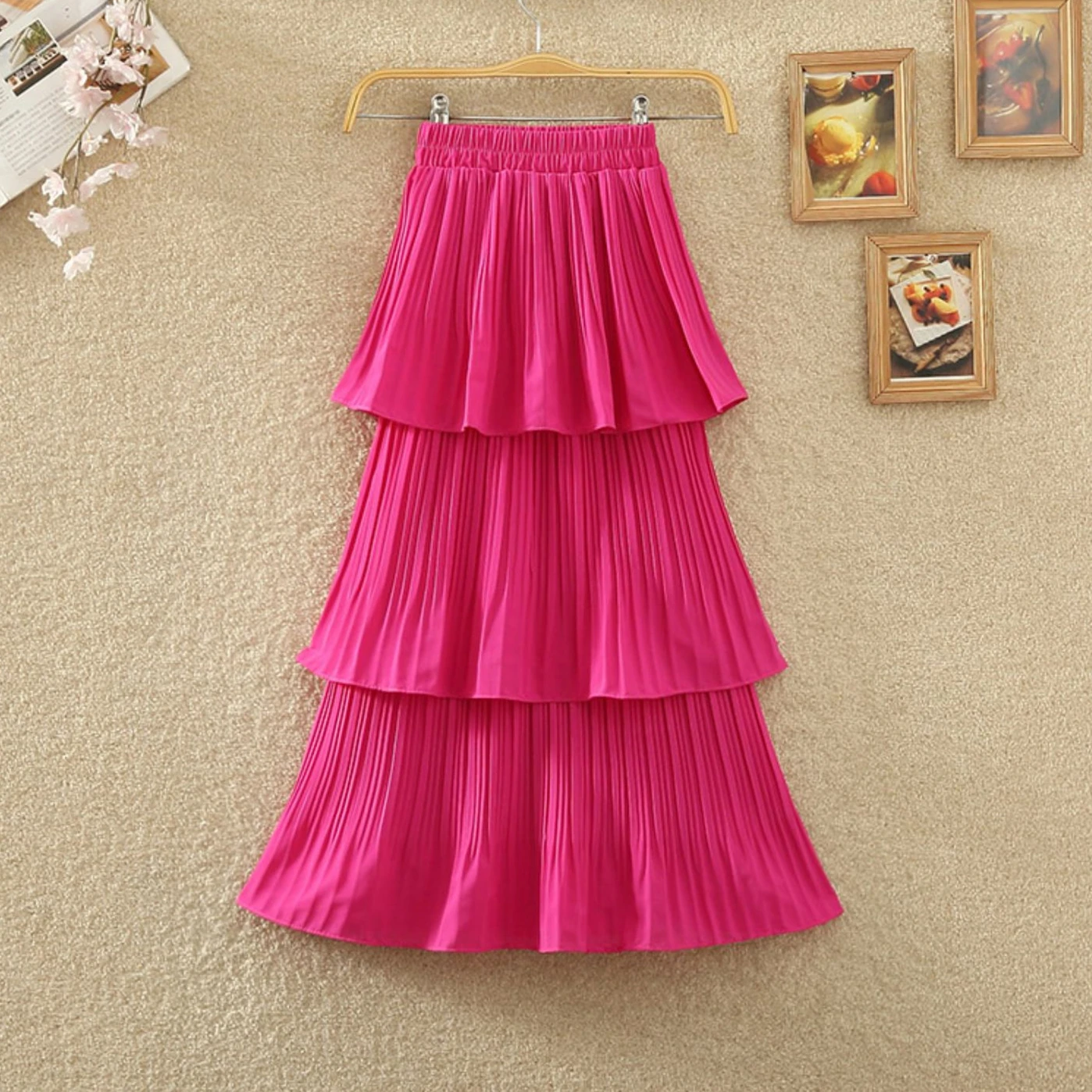 

New Spring Summer Women Elastic High Waist Slim Long Skirt Korean Style Chic Sweet Three Layers Pleated Hem Cake Chiffon Skirt