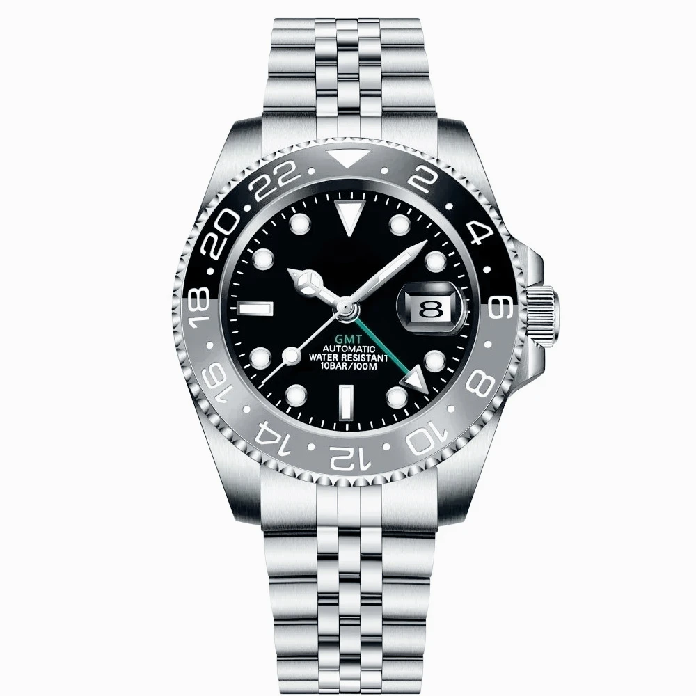 for Men Automatic Mechanical Watch, 904L Stainless Steel case,GMT Watches, Sapphire Glass, Black Blue Ceramic 40mm