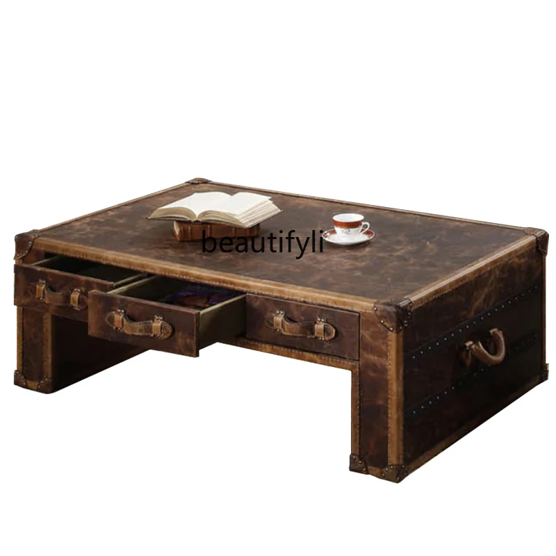 

Coffee table retro leather box oil wax leather table American villa living room, coffee table old European style