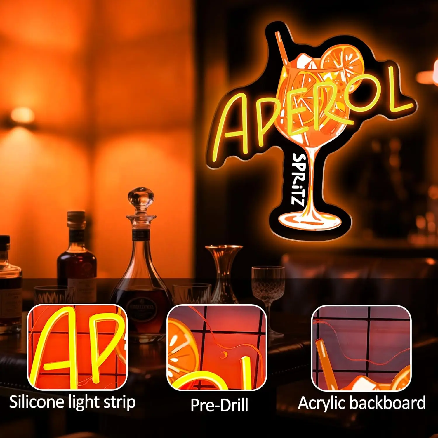 Orange/Aperol Spritz Neon Sign LED Cocktail Neon Light for Home Bar Man Cave Kitchen Party Decor Spritz Lover Gift USB Dimmable view 6