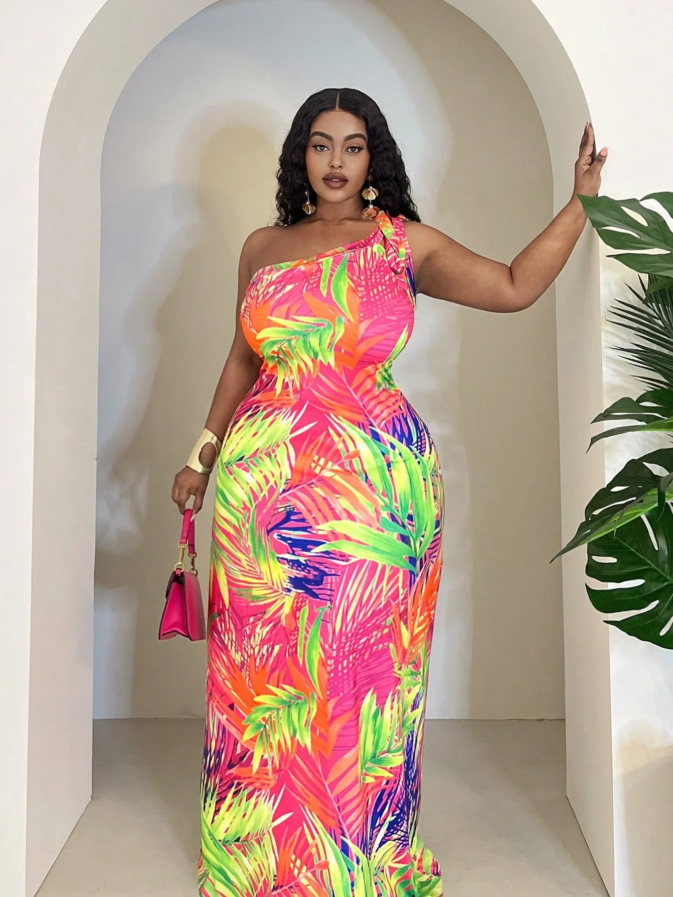 

One Shoulder Sleeveless A-Line Long Dress With Tropical Floral Print For Women
