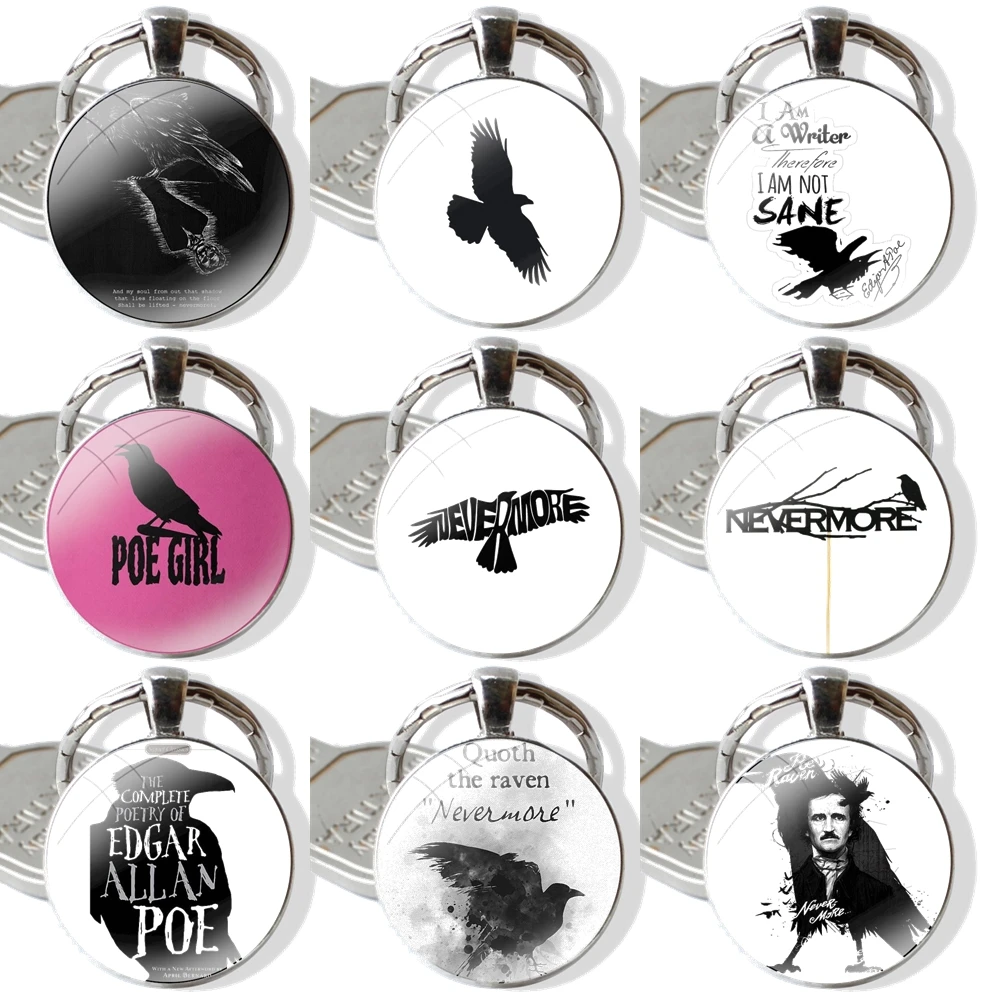 Keychain Handmade Glass Cabochon Key Ring Holder Pendant Key Chains Edgar Allan Poe Quotes Horror Macabre Li