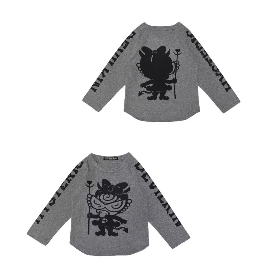 

2024 Classic Autumn/Winter Japanese Four Seasons Bow Devil Shoulder Long Sleeve T-shirt Soft and Comfortable Grey Cute T-shirt