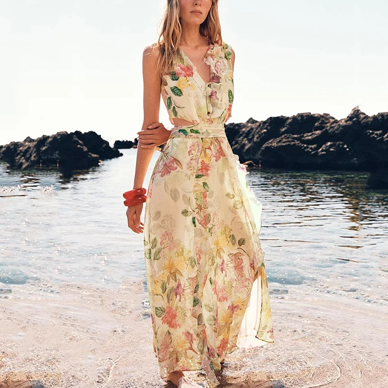 Summer 2025 Women's Floral Print Dr Open Design Polyester Fiber Single Piece Z Brand New Sle 499 Cabinet