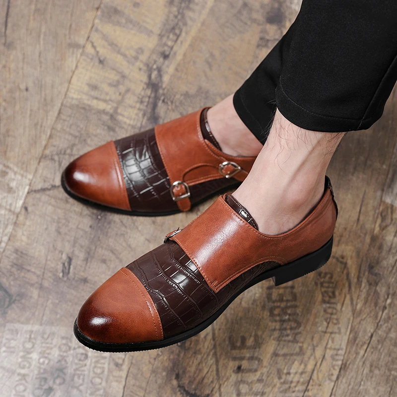 

Monk Shoes Men Shoes PU Splicing Classic Business Casual Party Retro Crocodile Pattern Double Buckle Fashionable Formal Shoes
