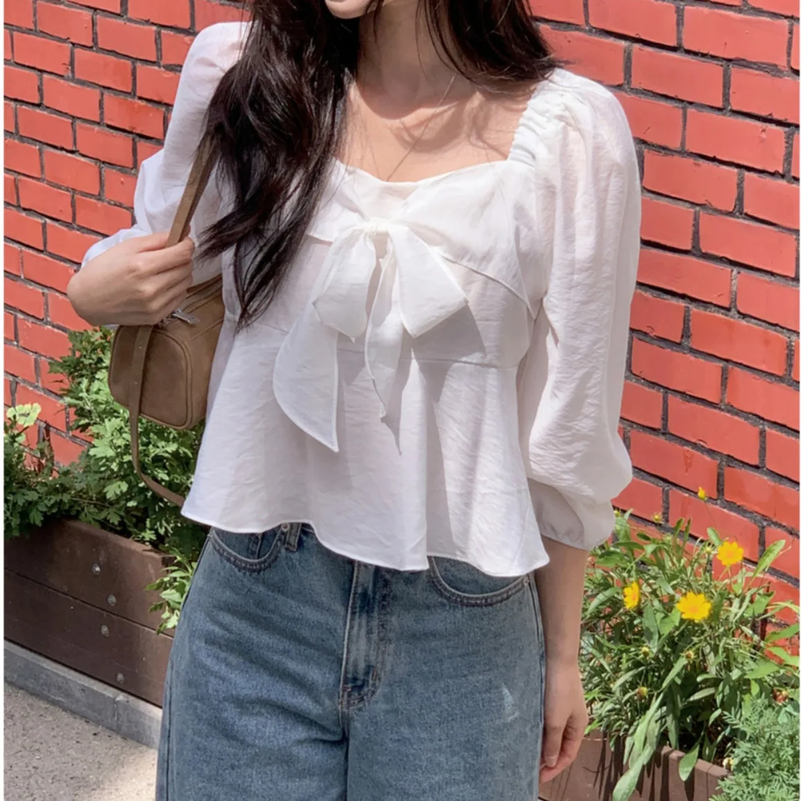 Lungo da donna Sve irt Primavera Autunno Colore puro Colletto quadrato Nodo ort Top Design coreano Versatile Ele Sweet