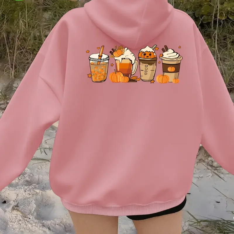 Halloween hoodie abóbora tempero latte gráfico moletom com capuz aconchegante manga longa pulôver das mulheres outono inverno casual streetwear