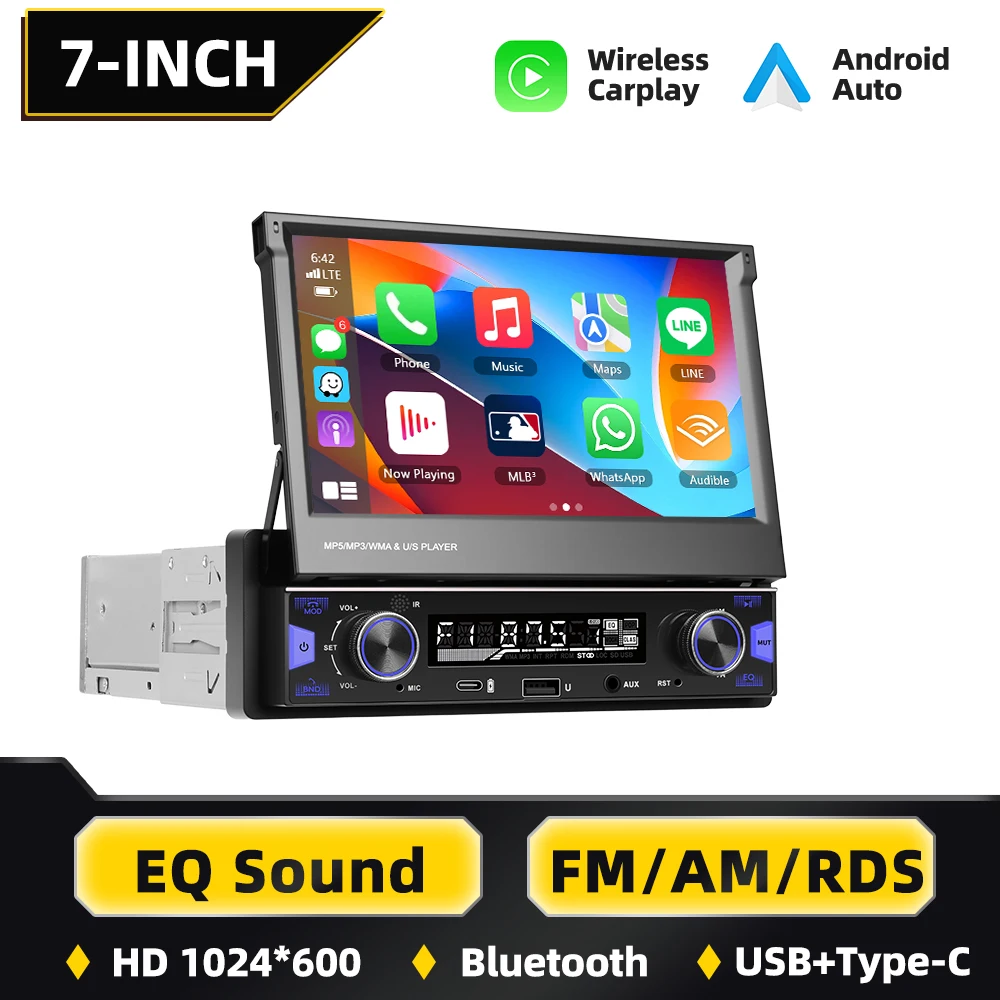 Podofo 7-Zoll Ausziehbarer Bildschirm 1Din Carplay Auto-MP5-Multimedia-Player Android Auto Video-Radioempfänger Mit FM AM RDS EQ Soundeffekte Auto-Audio-Video-System-Upgrade