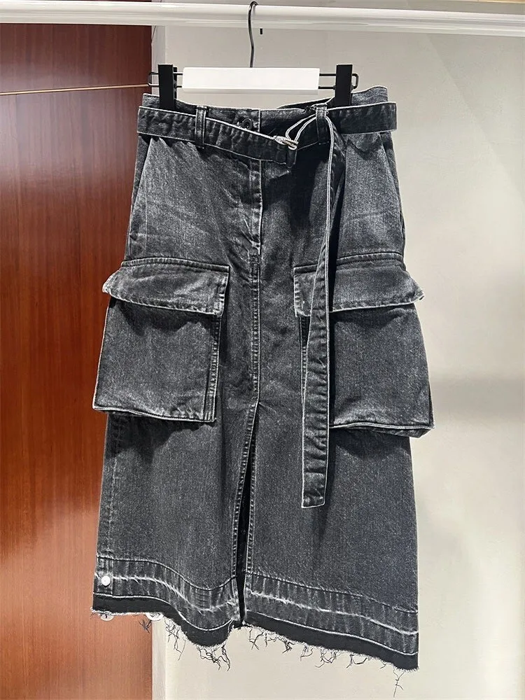 [MODX] I denim 2025 spring/summer new slim fit waist belt design workwear pocket casual skirt