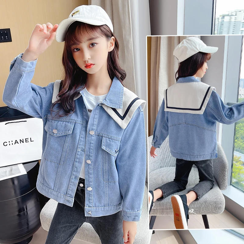 Girls Denim Jacket Preepy Look Kids Clothes 6 8 10 12 Years Children Jean Jackets Casual Outerwear Girls Spring Autumn Pea Coat