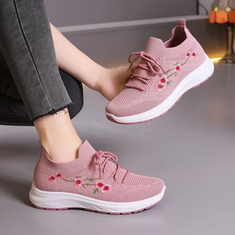 Mesh Sneakers Women Summer Embroidered Sports Tennis Running Shoes Woman Elegant Flat Athletic Trainers Footwear Tenis De Mujer