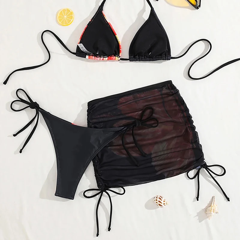 Vintage Flower Print Bikini Set Women Swimwear Sexy Triangle Lace Up Micro Bikini Skirt Cover Up 2025 New Bathing Suit 3 Piece