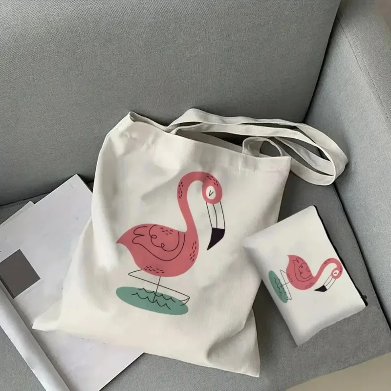 طقم حقيبة يد فلامنغو لمستحضرات التجميل ، حقيبة كتف قماشية ، وصديقة للموضة ، وسعة كبيرة ، حقيبة تسوق محمولة ، حقيبة مدرسية ، الموضة ، 2 * * #3