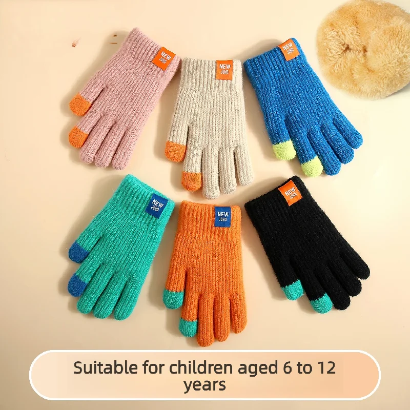 Cold‑proof Warm Kids Knitted Gloves Double‑layer Fleece‑lined Thick Gloves For Boys Girls 6‑12Years Old Outdoor Autumn Winter
