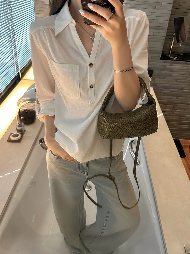 

Black Bean Hummingbird V-Neck Long Sleeve Loose Women's Shirt Summer Breathable Pocket Head Sun Protection Cotton Casual Top