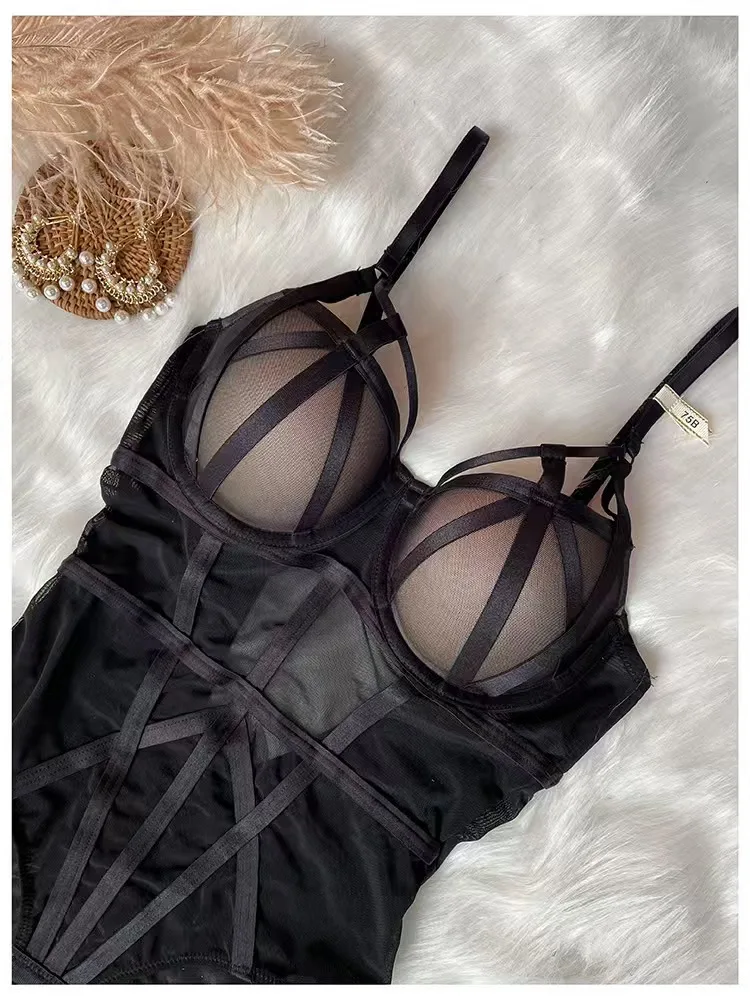 Body de corsé sexy ajustado para mujer, sin mangas, de gasa, con entrepierna abierta, mono corto, lencería de moda, camisola, romper liso