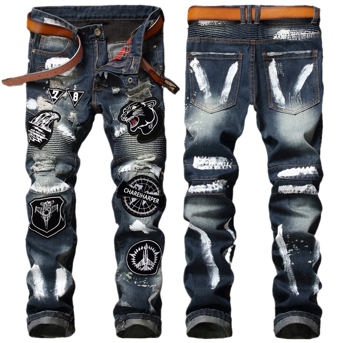 Chareiharper 001-2 pantalones vaqueros rasgados bordados para hombre, insignia pintada a mano, tendencia, patchwork plisado, motocicleta, talla grande