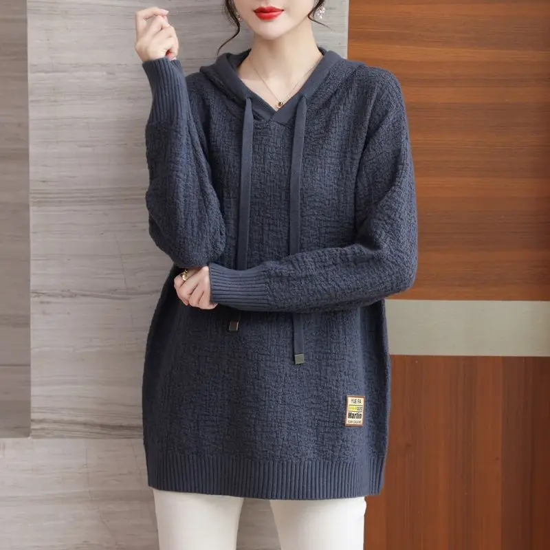 

Women's Loose Autumn and Winter Meat Covering and Slimming Hooded Top Base Knitted Sweater