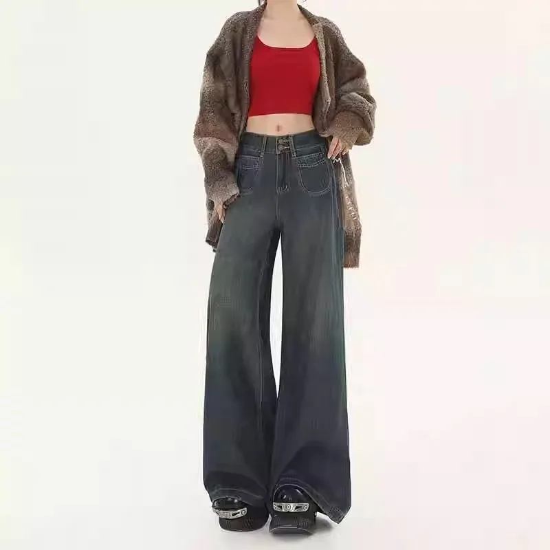 Jeans a gamba larga vintage a vita alta blu scuro da donna inizio autunno drappeggiato dimagrante design incrociato versatile pantaloni larghi fino al pavimento