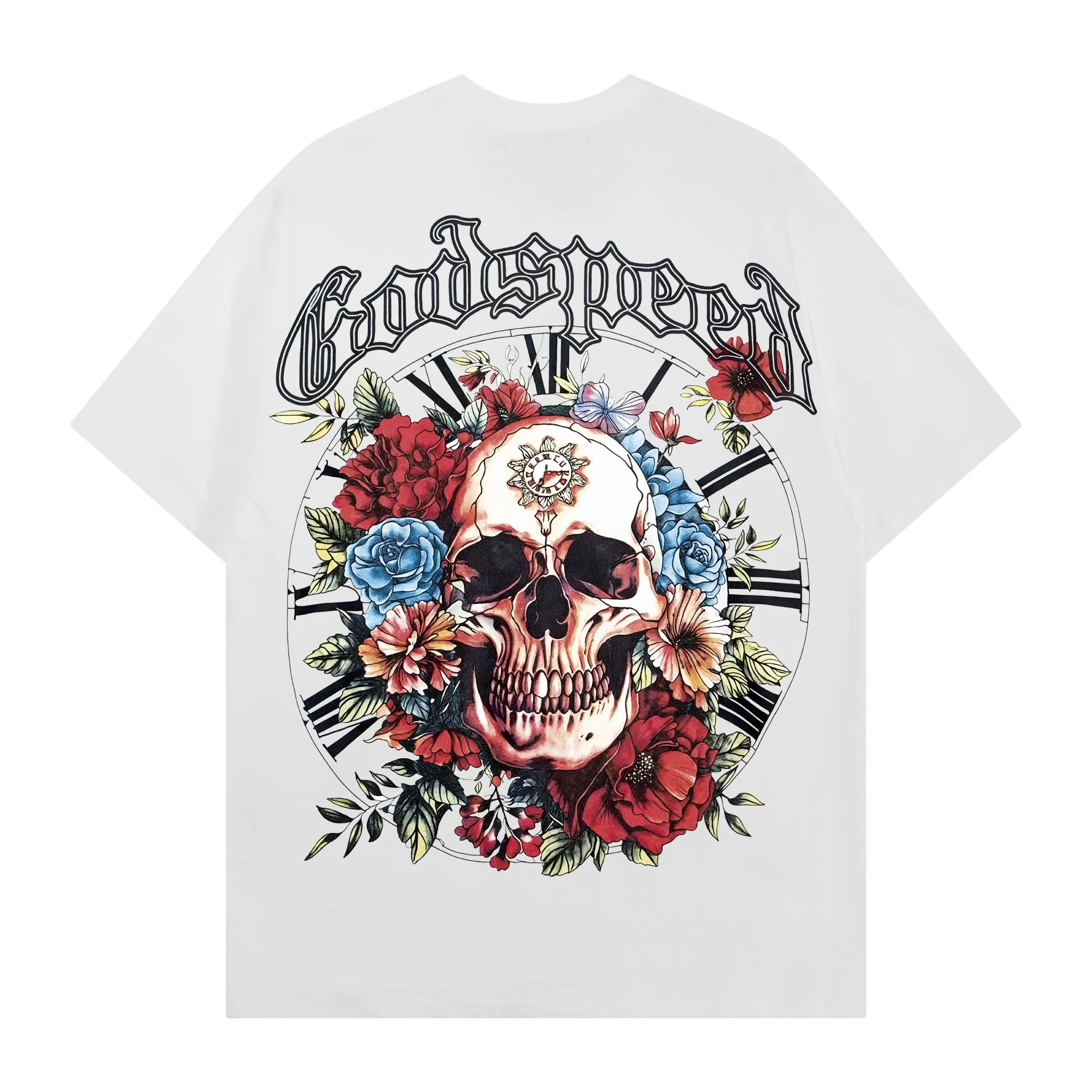 Retro American Godspeed Floral Skeleton Print Trendy Streetwear Cotton Short Sleeve T-Shirt Youth Popular Loose Fit City Walk