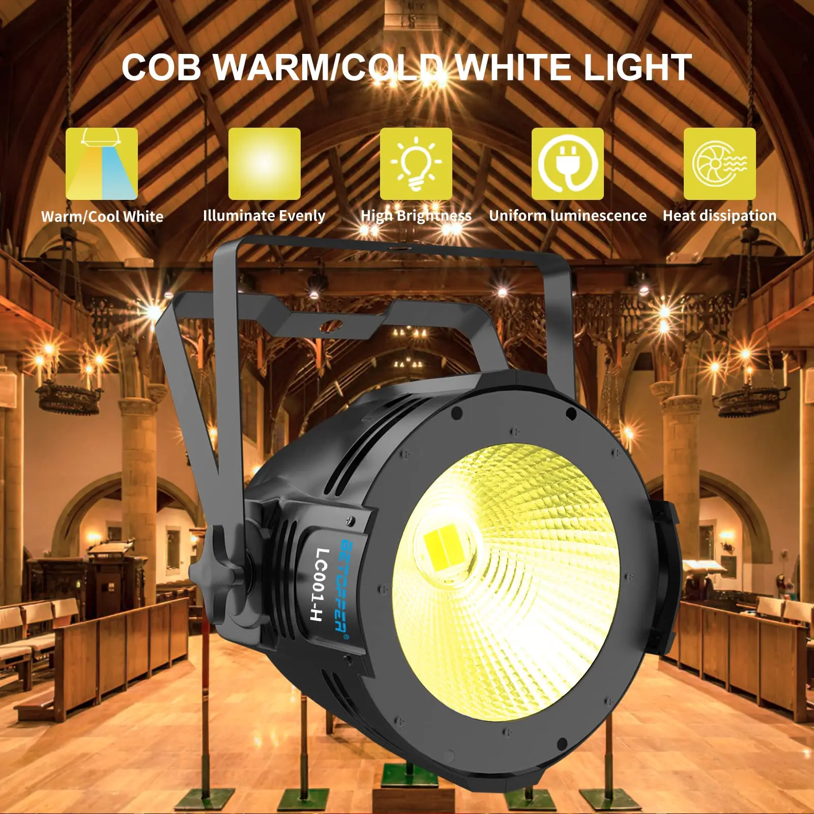 BETOPPER Stage Spotlight COB 100W LED DMX Light Warm/Cold White Spot Light Aurora lighting for Church Theater Stage lighting