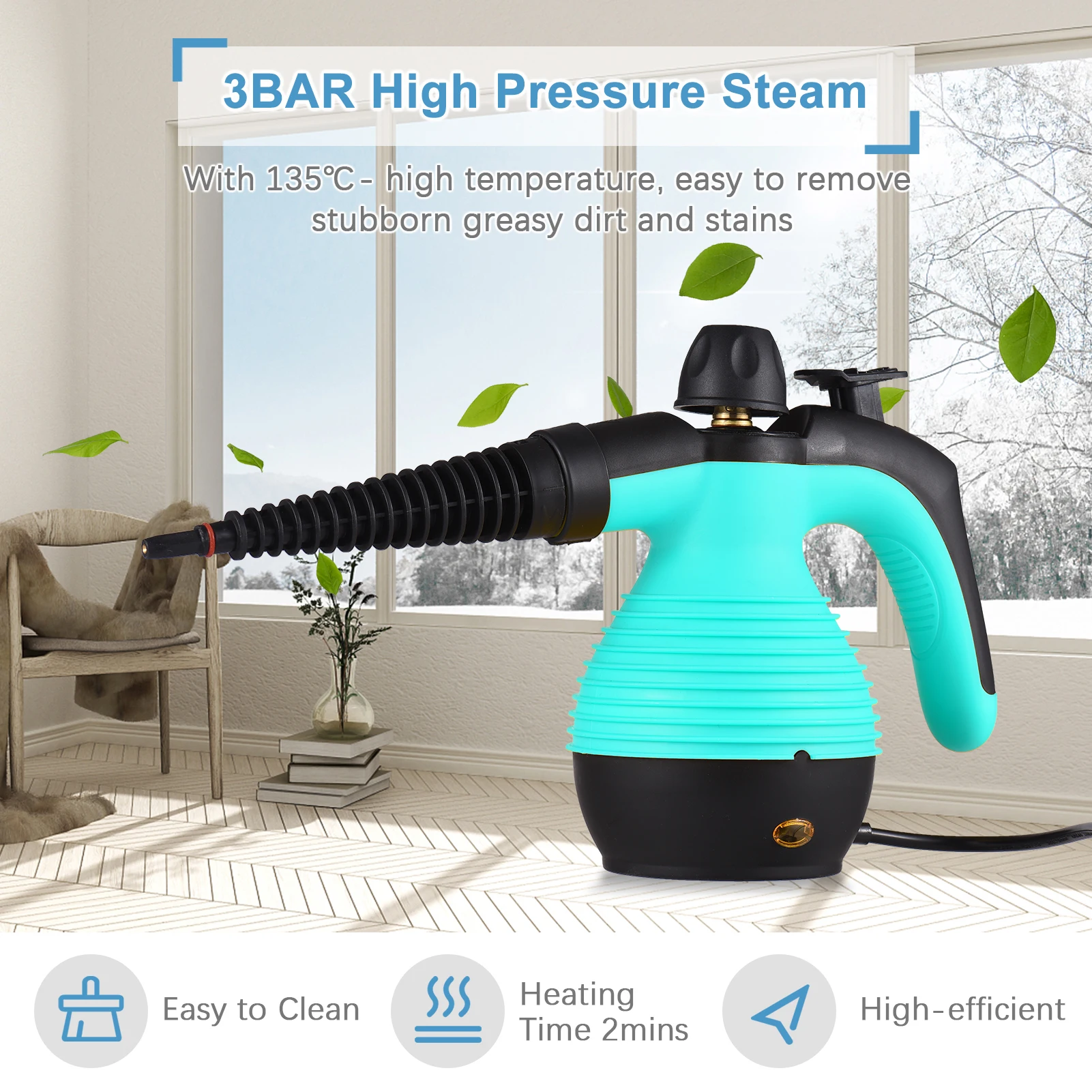เครื่องทำความสะอาดไอน้ำ 1050W อเนกประสงค์ ความร้อนสูง พร้อมแรงดันไอน้ำ สำหรับทำความสะอาดครัวและโซฟา พร้อมอุปกรณ์เสริม 9 ชิ้น