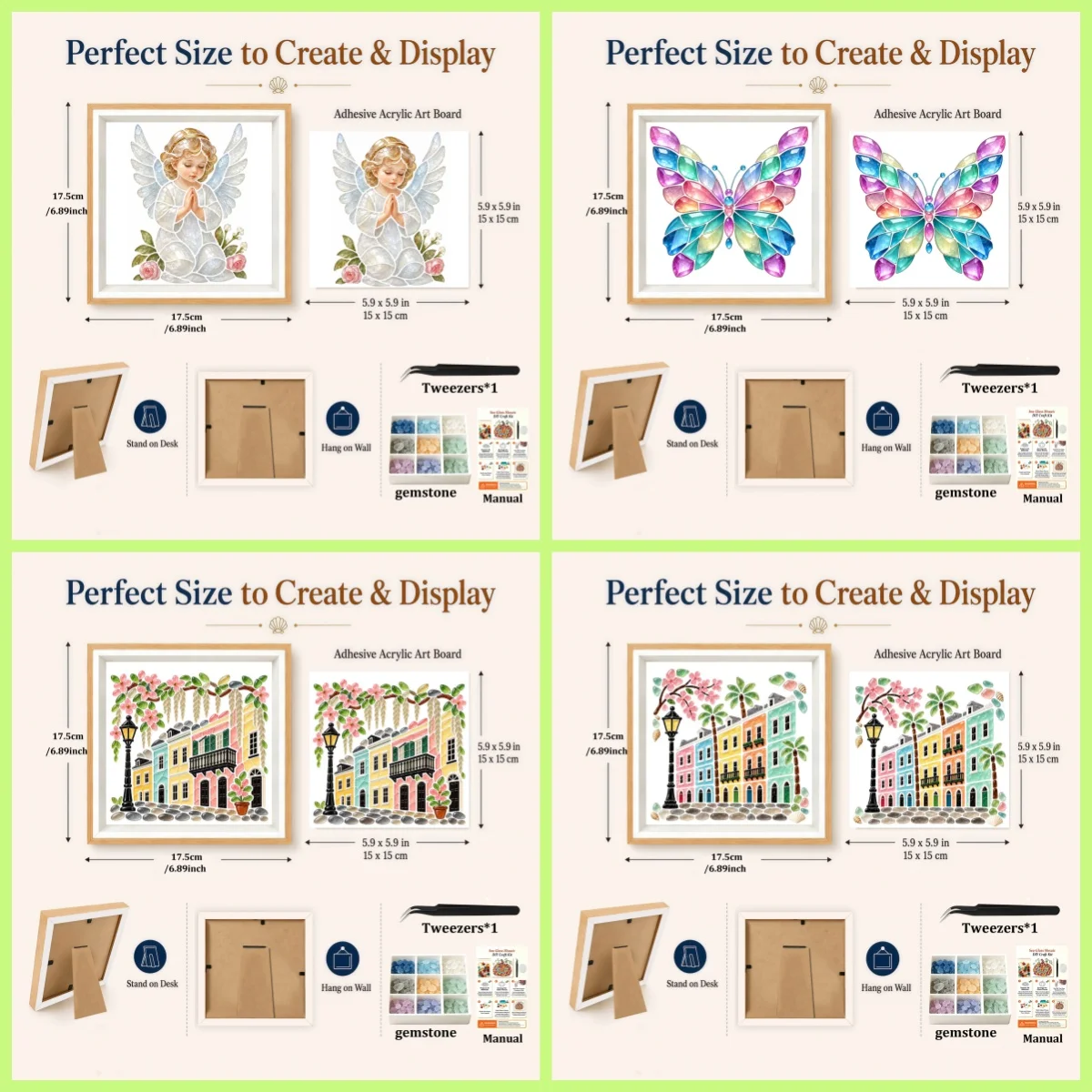 1 Piece DIY sea glass acrylic Mosaic art kit angel house pattern, desktop Decoration, holiday gifts