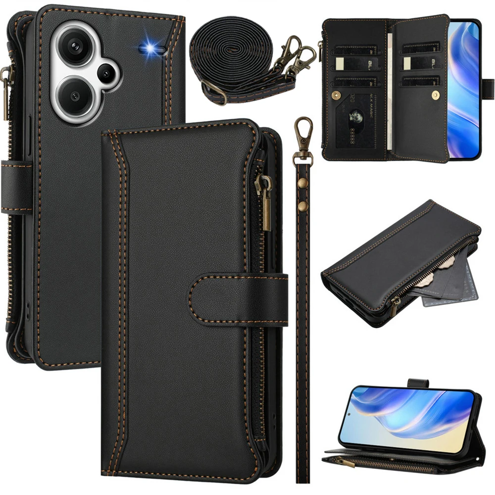 

Для Xiaomi Redmi Note 13 Pro 5G 4G кожаный чехол через плечо с 9 картами на молнии для Redmi Note 13 12 11 Pro Plus 12S 11S 11T 11E Cover