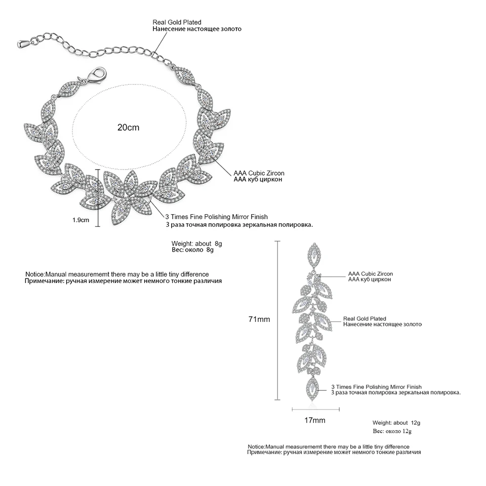 ZAKOL Brand Shiny Buling Micropaved Zirconia Leaf Long Earrings Chain Bracelet Charm Wedding Jewelry Set For Women