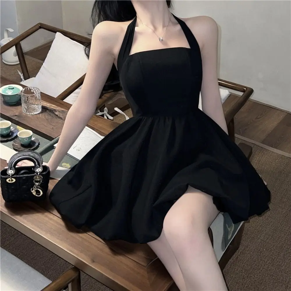 Hanging Neck Black Halter Dress Women's Clothing Mini Dress A-line Skirt Solid Color Fashion Design Waist Cinched Skirt Women