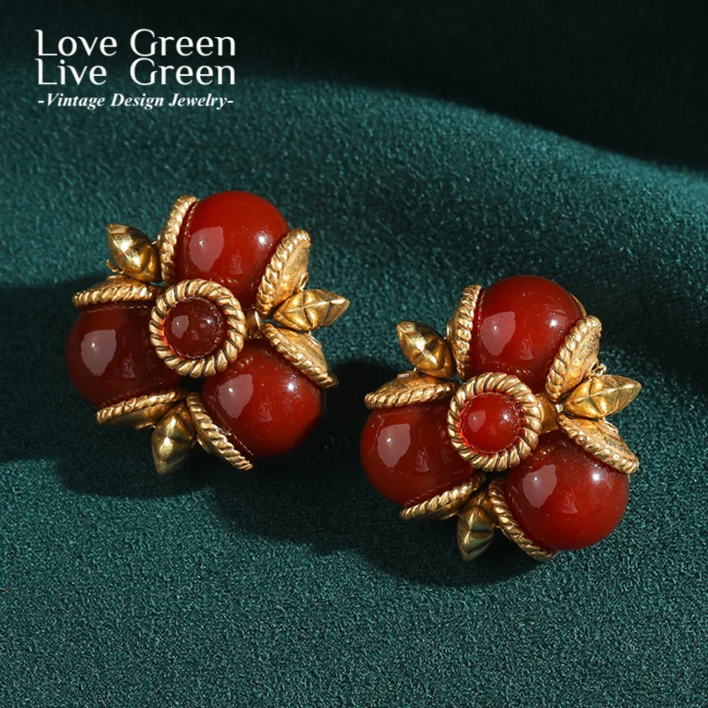 

Vintage Three Red Glazed Studs Earrings Antique Gold Color Leaf Natural Stone High Quality Valentine Day Luxury Quality Jewelry