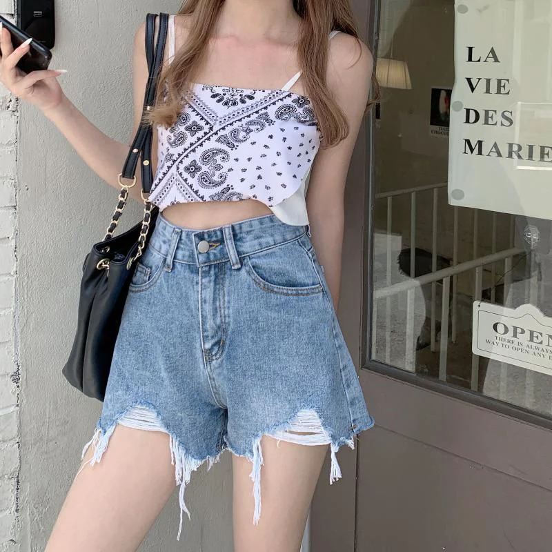 

Summer Women Ins Fashion Solid Color Jeans Girls Raw Edge Designer High Waist Short Pants Lady Korean Casual Denim Shorts