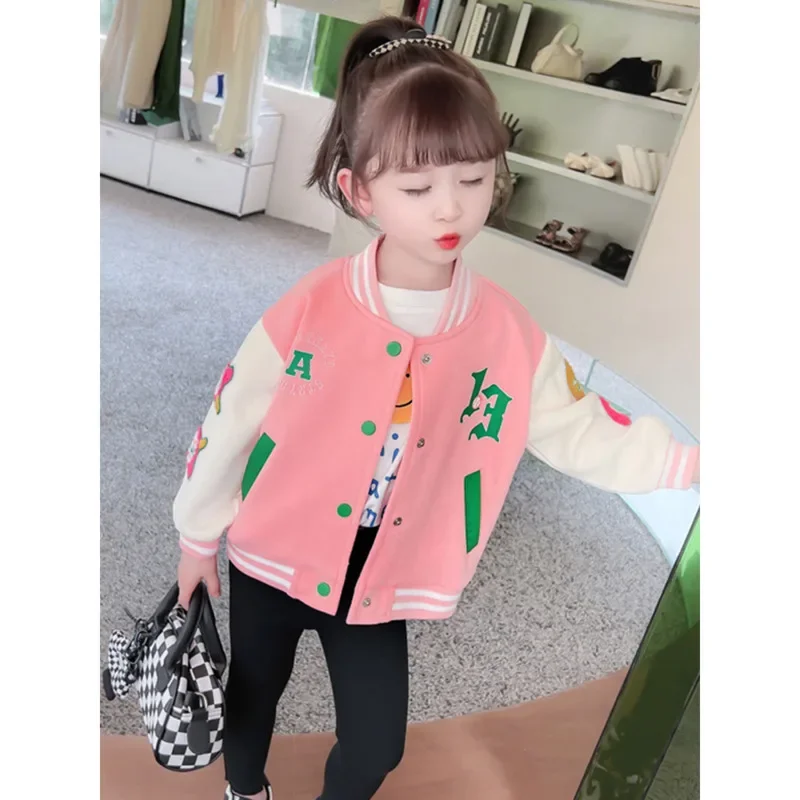 Girls' Baseball Jacket Fashionable Cute Cartoon Colorful Korea Sweet Autumn Coat 2024 New Casul Basic Button Coat 2-10 Years Old