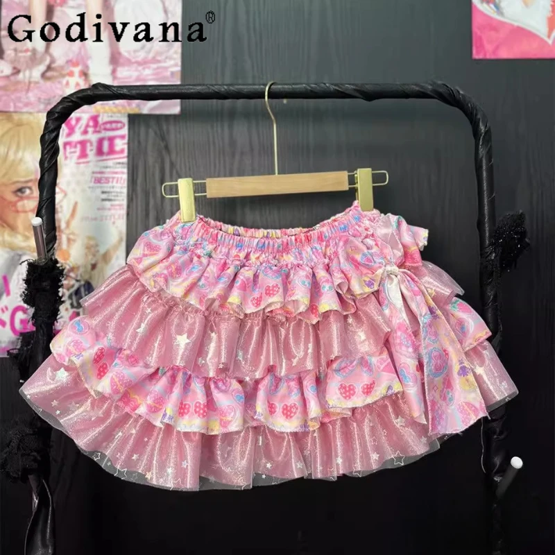 الحلو الأصلي لطيف الوردي تنورة المرأة المطبوعة Y2K القوس تصميم رقيق كعكة اللباس الإناث الصيف الشارع ارتداء الأميرة تنورة صغيرة