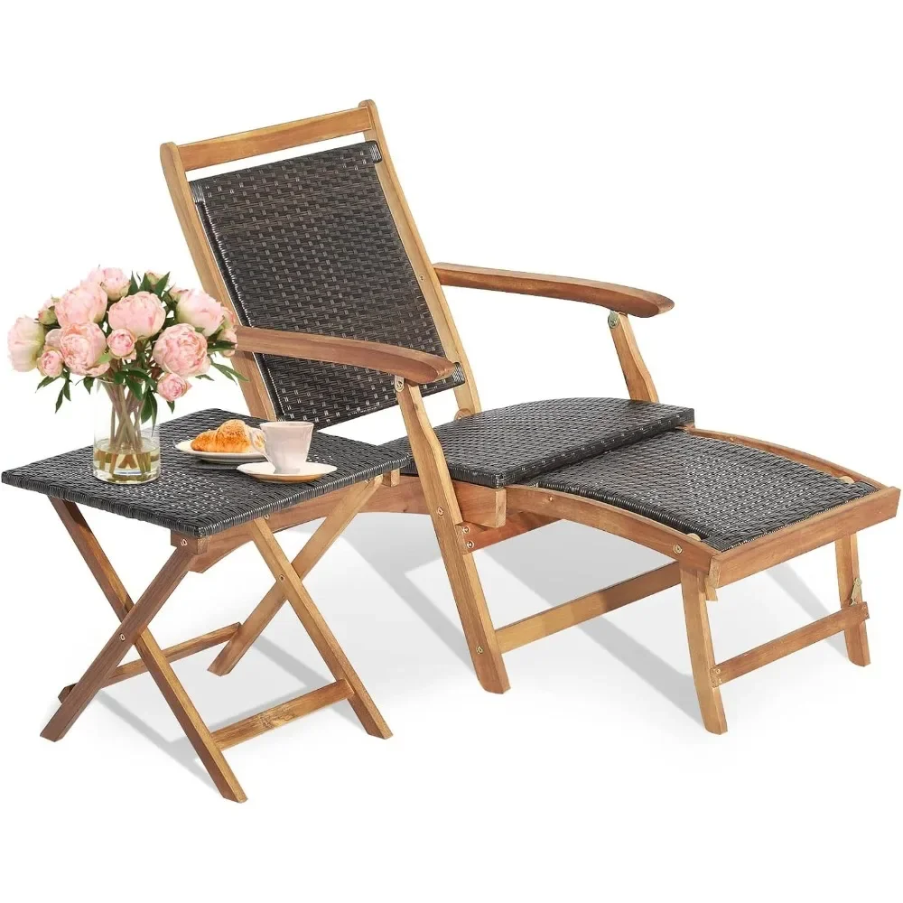 

Patio Lounge Chair and Side Table Set, Acacia Wood Wicker Folding Table and Armrest Chair with Retractable Ottoman